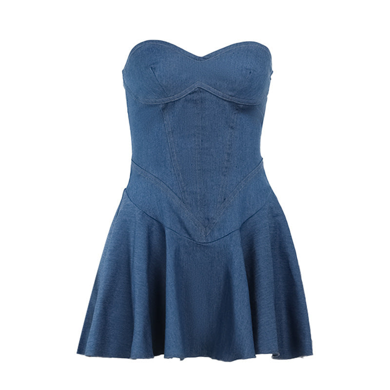 Women's Y2K Backless Tube Denim Dress – Slim Fit Summer Casual Mini Dress with Strapless Design